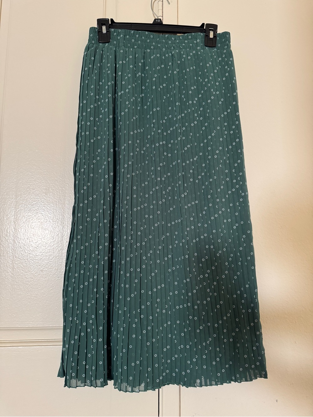 Forever 21 Green Pleated Midi Skirt with Tiny White Floral Print